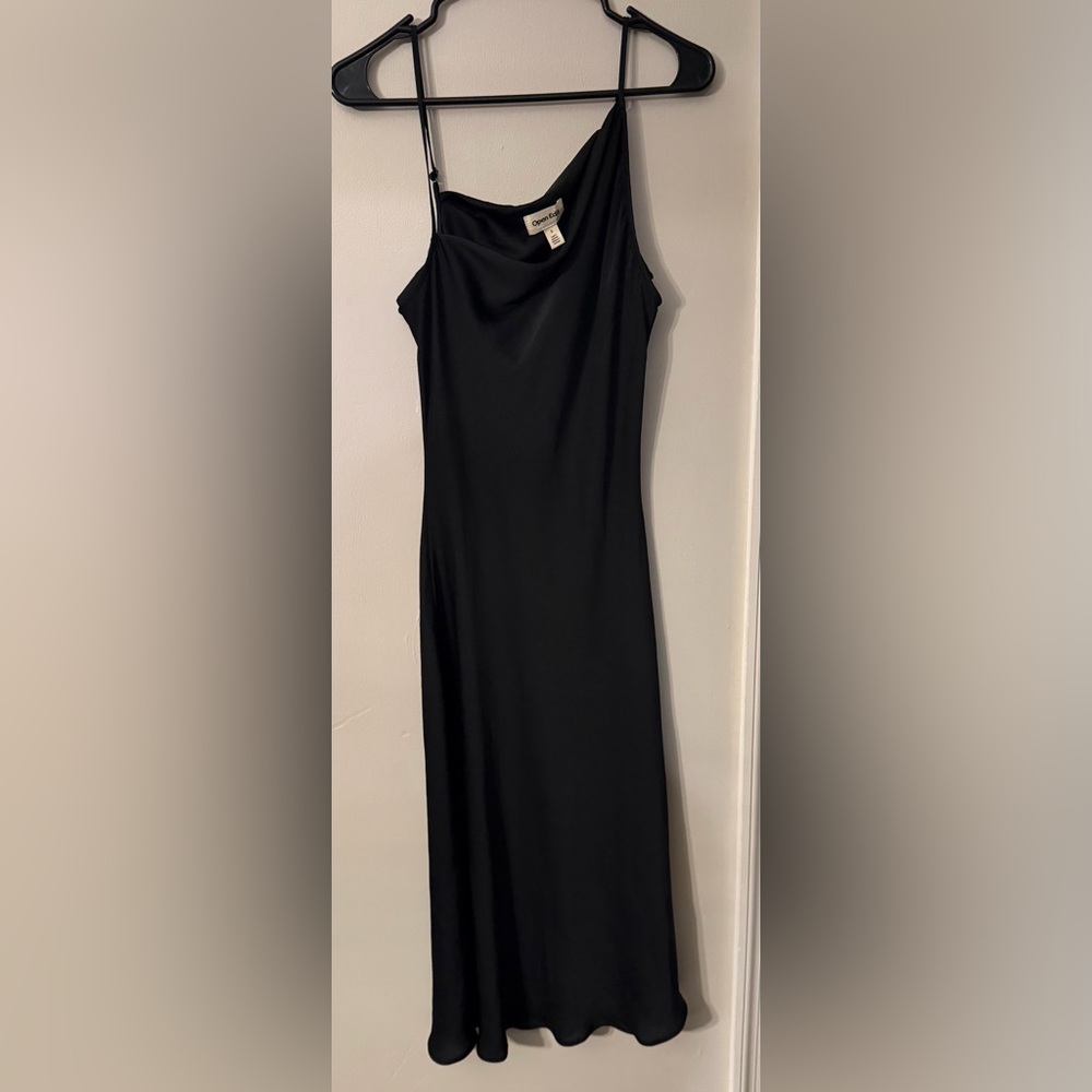 Open Edit Asymmetrical Black Satin Dress